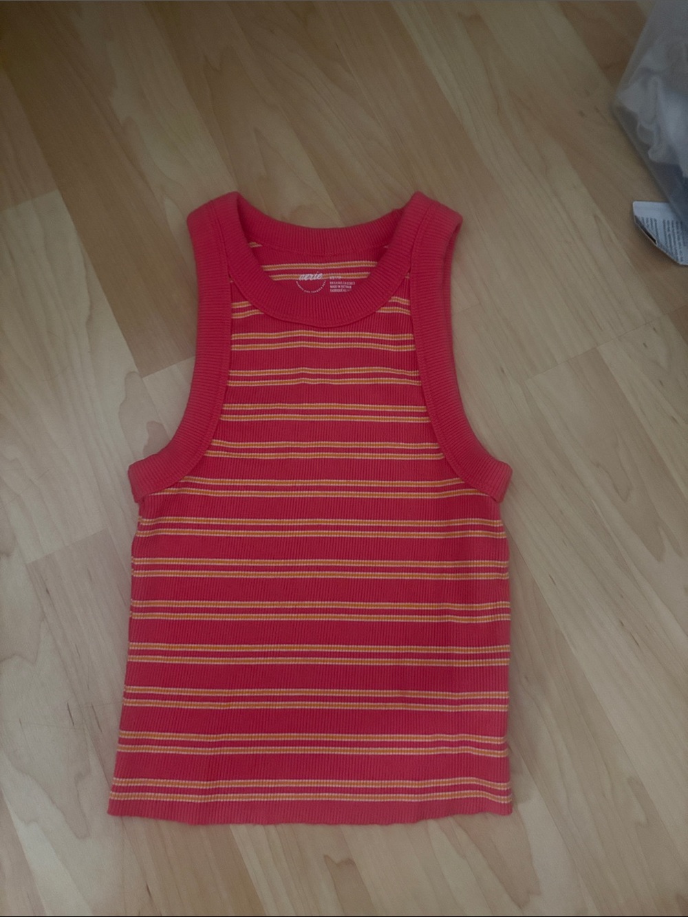 aerie Coral & Yellow Striped Ribbed Tank Top